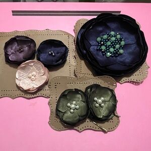 Floral Hair Clips Set - Navy, Olive/Dark Green, Pale Pink, Deep Purple